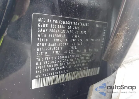 2015 Volkswagen Tiguan Se из США, поврежденный, VIN WVGAV7AX5FW591728